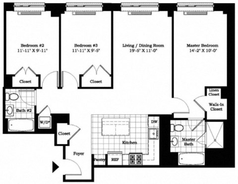 Floor plan for 3 beds, 2 baths, 1240 sqft