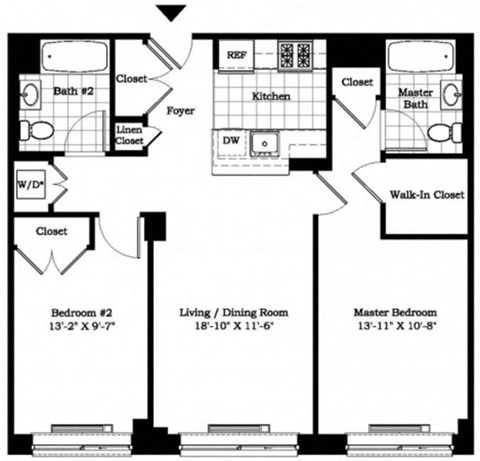 Floor plan for 2 beds, 2 baths, 927 sqft