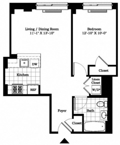 Floor plan for 1 bed, 1 bath, 640 sqft