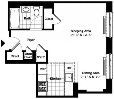 Floor plan for studio, 1 bath, 495 sqft