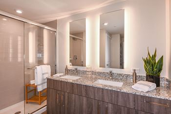Elegant bathrooms with glass showers or soaking tubs & led vanity mirrors