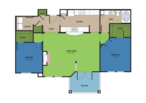 Floor plan for 2 beds, 1 bath, 1155 sqft