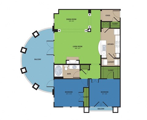 Floor plan for 2 beds, 1 bath, 1187 sqft