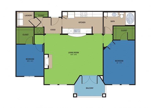 Floor plan for 2 beds, 1 bath, 1248 sqft