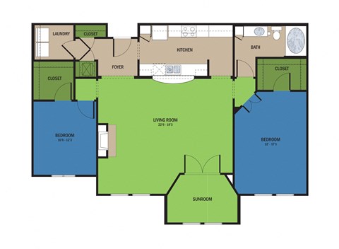 Floor plan for 2 beds, 1 bath, 1342 sqft