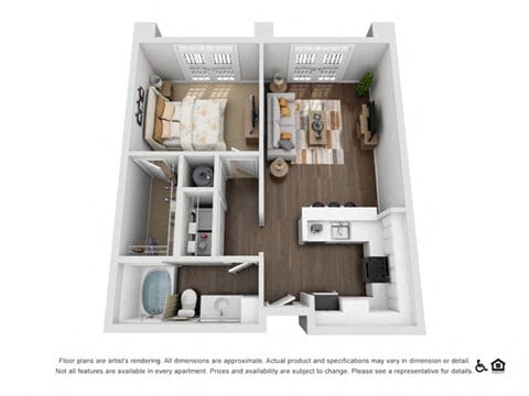Floor plan for 1 bed, 1 bath, 683 sqft