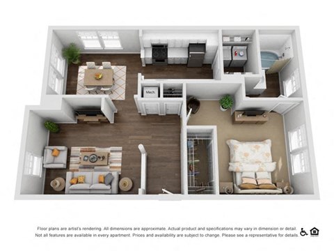 Floor plan for 1 bed, 1 bath, 769 sqft