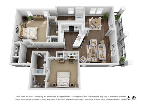 Floor plan for 2 beds, 2 baths, 1376 sqft