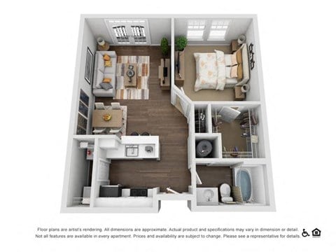 Floor plan for 1 bed, 1 bath, 677 sqft