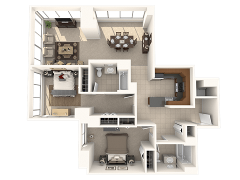 Floor plan for 2 beds, 2 baths, 1443 sqft