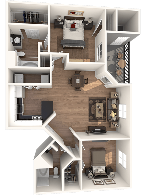 Floor plan for 2 beds, 2 baths, 961 sqft