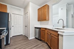 Sanford apartment for rent - An open-concept apartment with updated lighting, stainless steel appliances, quartz countertops, vinyl plank wood style flooring and wooden cabinets.