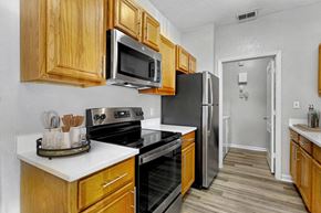 Orange City apartment for rent - a kitchen with stainless steel appliances and wooden cabinets