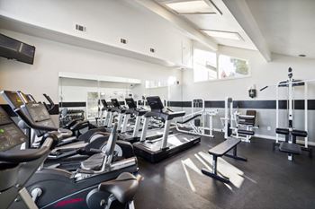 A gym with cardio equipment and weights on the floor