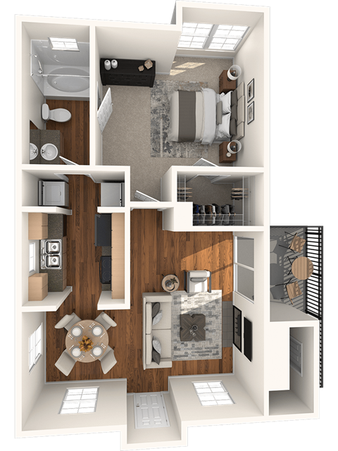 Floor plan for 1 bed, 1 bath, 640 sqft