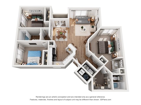 Floor plan for 3 beds, 2 baths, 1310 sqft