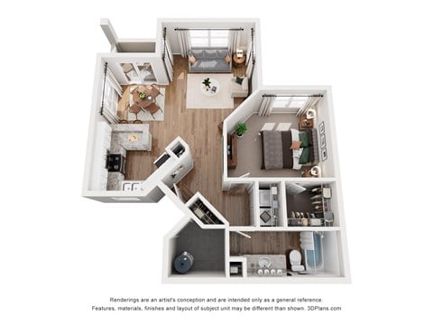 Floor plan for 1 bed, 1 bath, 880 sqft