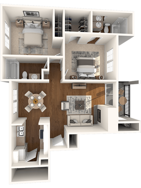 Floor plan for 2 beds, 2 baths, 911 sqft