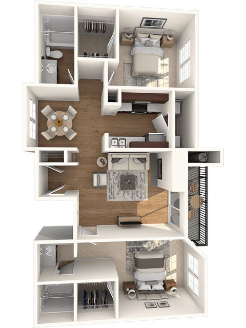 Floor plan for 2 beds, 2 baths, 1021 sqft