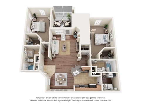 Floor plan for 2 beds, 2 baths, 1231 sqft