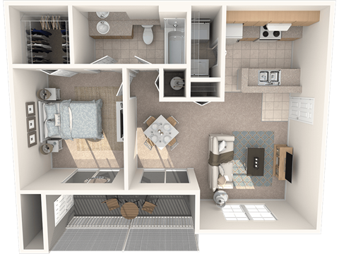 Floor plan for 1 bed, 1 bath, 745 sqft