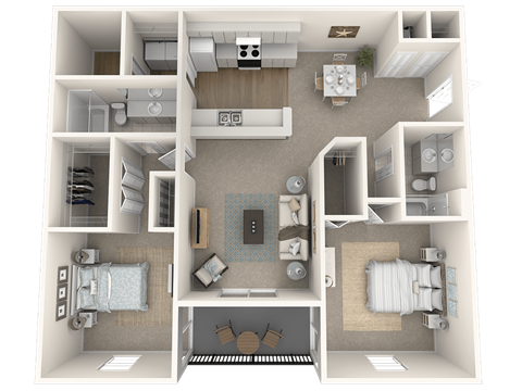 Floor plan for 2 beds, 2 baths, 1357 sqft