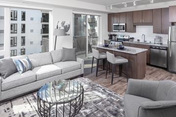 Rochester apartment for rent - a living room and kitchen with a couch and a table