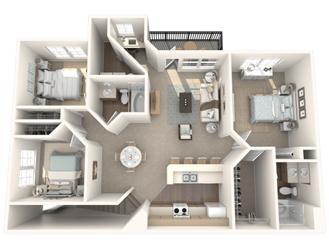 Floor plan for 3 beds, 2 baths, 1480 sqft