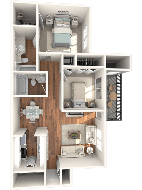 Floor plan for 2 beds, 2 baths, 1000 sqft