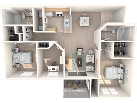 Floor plan for 3 beds, 2 baths, 1305 sqft