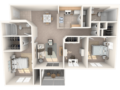 Floor plan for 3 beds, 2 baths, 1275 sqft