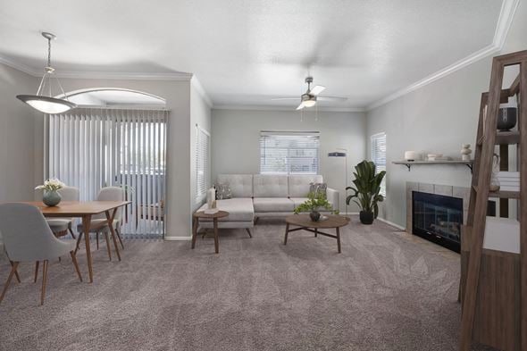 Albuquerque apartment for rent - A living room with a grey carpet and a fireplace.