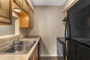Corpus Christi apartment for rent - A black refrigerator sits next to a sink in a kitchen.