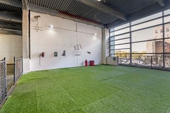 A room with artificial grass and a wall with a number of pictures and a fire extinguisher.