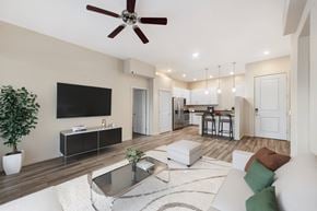 Tucson apartment for rent - A modern living room with a flat screen TV, a coffee table, and a ceiling fan.