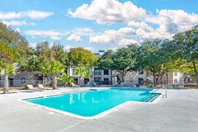Austin apartment for rent - A swimming pool surrounded by trees and buildings.