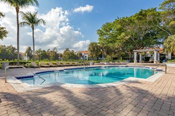 A large outdoor swimming pool surrounded by a brick patio and palm trees.