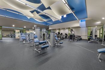 A gym with blue and white ceiling lights.