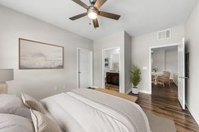 Land O Lakes apartment for rent - A bedroom with a large bed and a ceiling fan.
