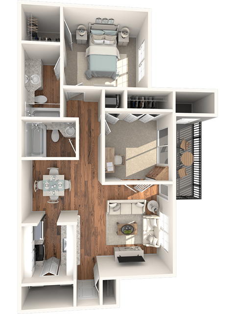Floor plan for 1 bed, 2 baths, 1000 sqft