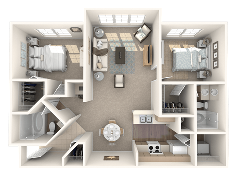 Floor plan for 2 beds, 2 baths, 1165 sqft