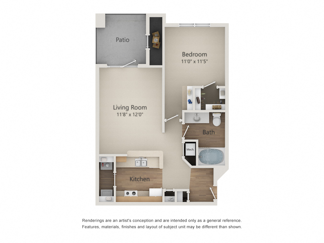 Floor plan for 1 bed, 1 bath, 696 sqft
