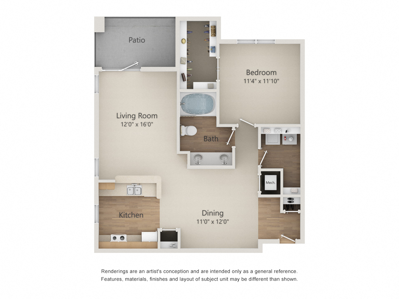Floor plan for 1 bed, 1 bath, 889 sqft