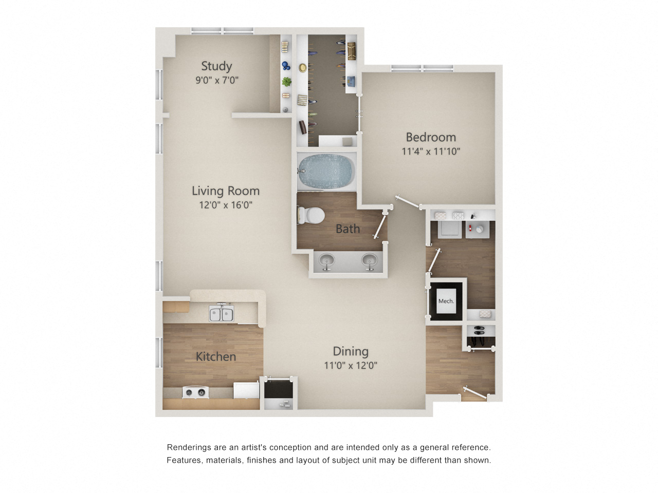 Floor plan for 1 bed, 1 bath, 976 sqft