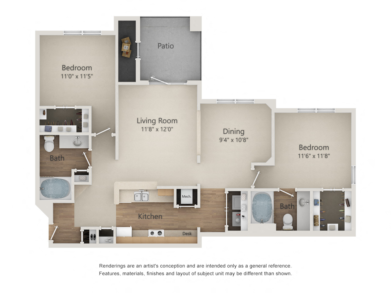 Floor plan for 2 beds, 2 baths, 1147 sqft