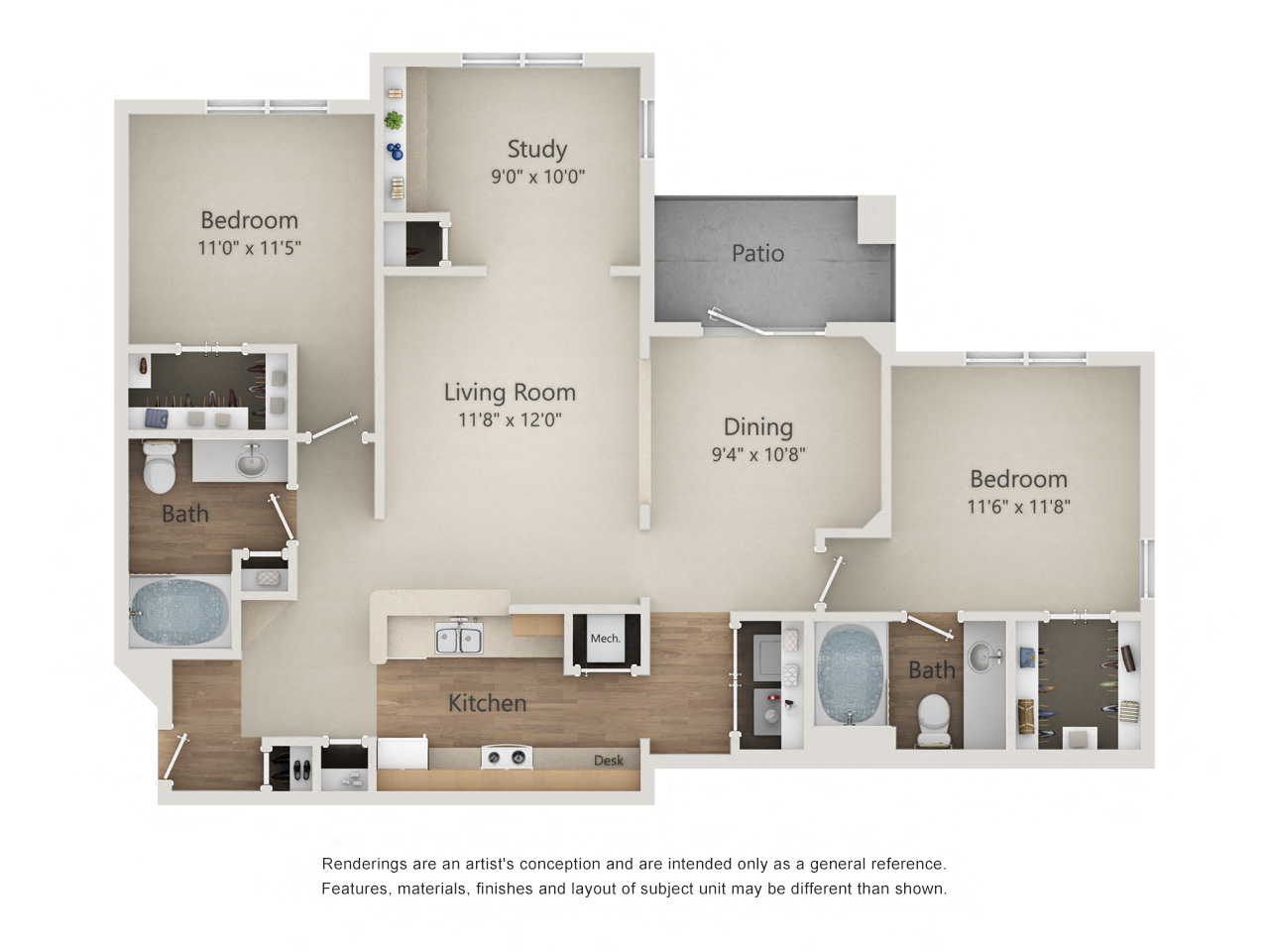 Floor plan for 2 beds, 2 baths, 1267 sqft