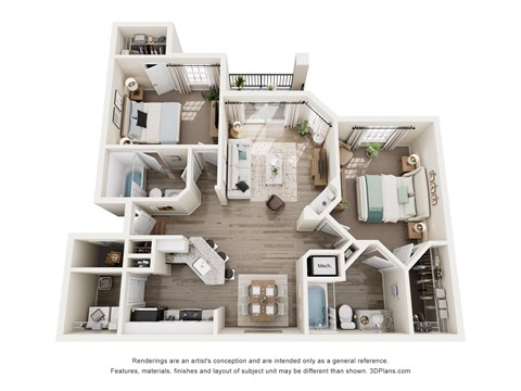 Floor plan for 2 beds, 2 baths, 1091 sqft