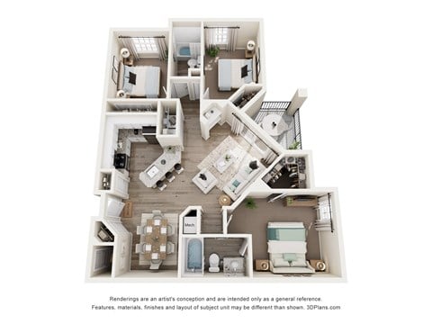 Floor plan for 3 beds, 2 baths, 1282 sqft