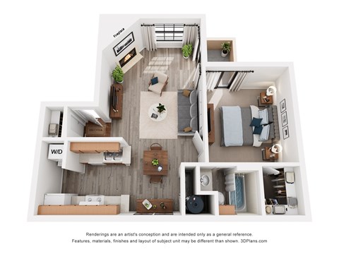 Floor plan for 1 bed, 1 bath, 634 sqft