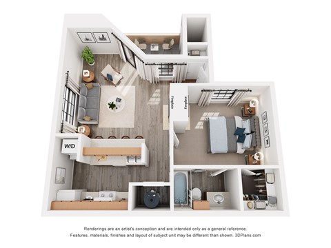 Floor plan for 1 bed, 1 bath, 651 sqft